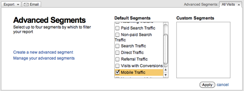 The mobile traffic segment checkbox under the 'Advanced Segments' feature of Google Analytics.